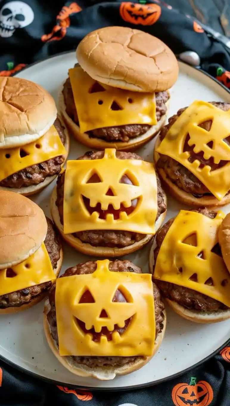 Cheeseburgers on buns with cheese melted into a jack-o-lantern face shape