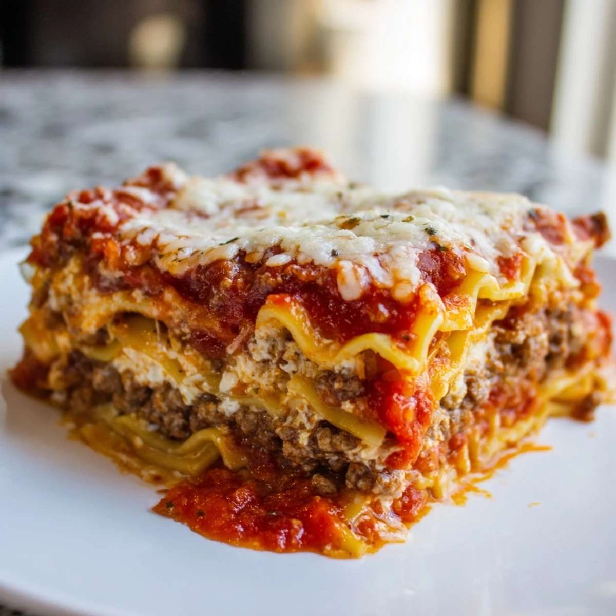 Layered pasta sheets drenched in tomato‑basil sauce, speckled with bubbling mozzarella and parmesan.