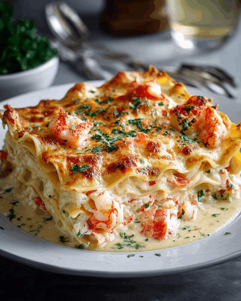 Succulent shrimp lasagna with creamy white sauce, layered pasta, and sea‑salted garnish