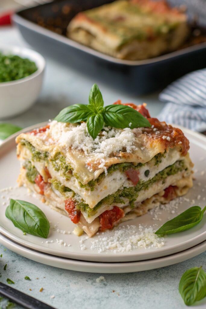 Vibrant pesto chicken lasagna with layers of pasta, mozzarella, and sun‑dried tomatoes