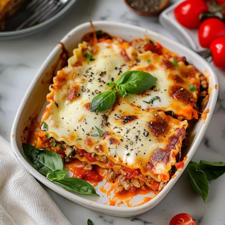 Layered caprese lasagna with ripe tomatoes, mozzarella, basil, and a glossy balsamic reduction