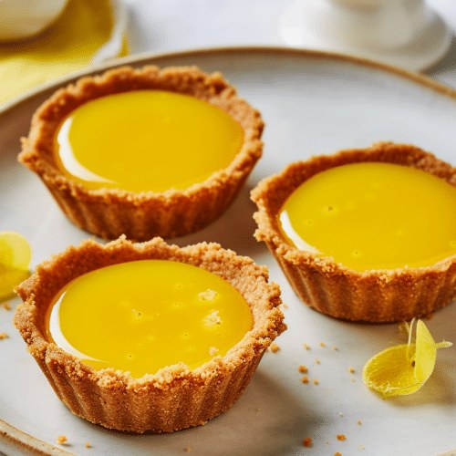 Tartlets topped with lemon curd and fresh berries, bright yellow, glossy, with a dusting of powdered sugar