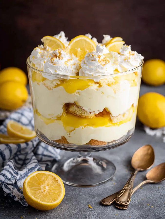 Traditional lemon trifle with curd, vanilla pudding, and sponge layers