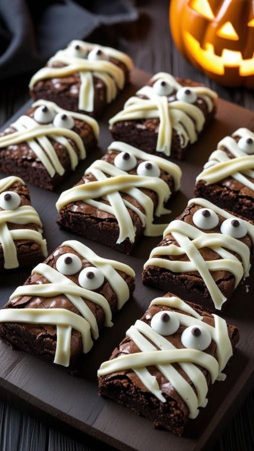 Brownies with white frosting piped in a crisscross pattern to look like mummies.