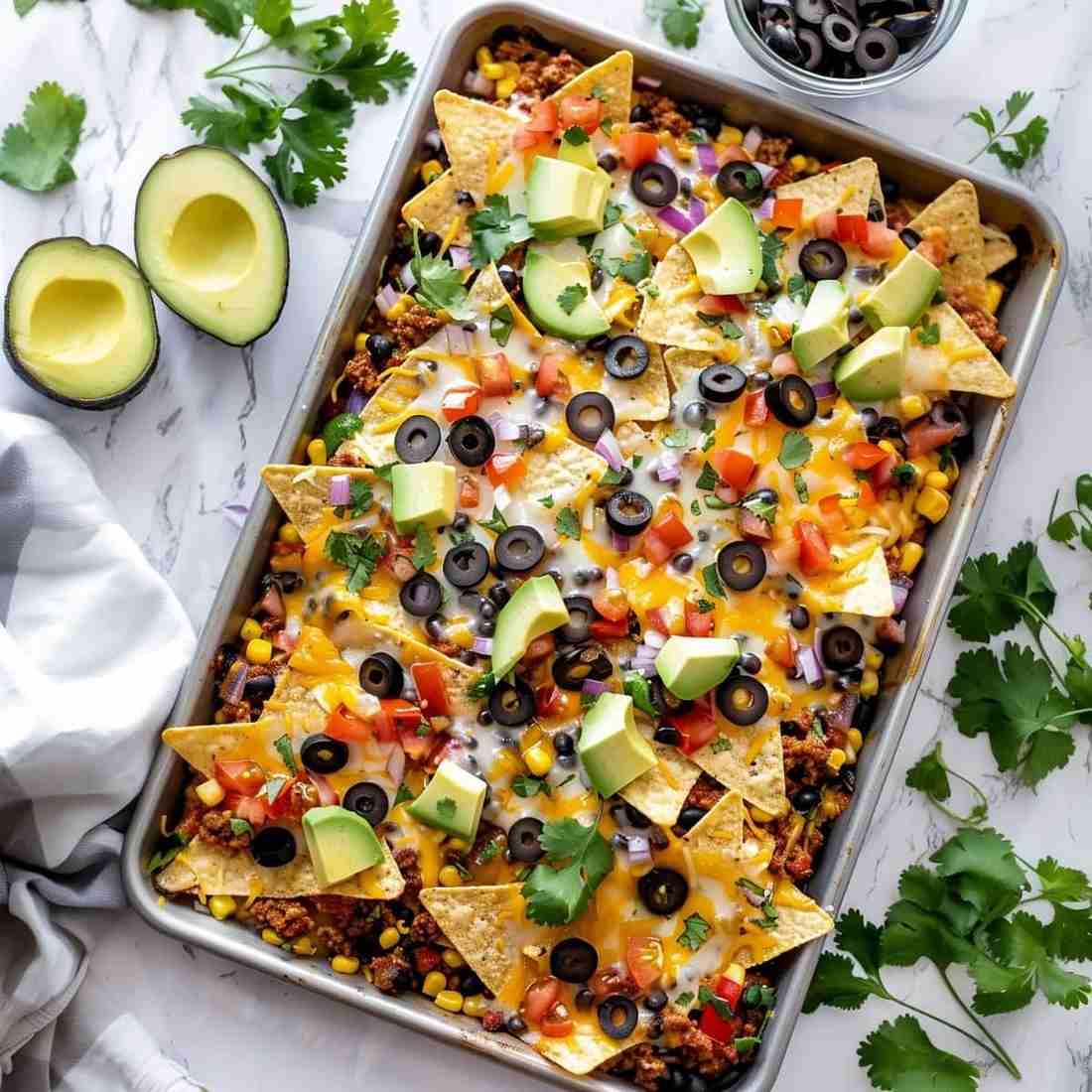 Sheet pan black bean nachos covered in melted cheddar cheese, sliced jalapeños, guacamole, and crunchy tortilla chips