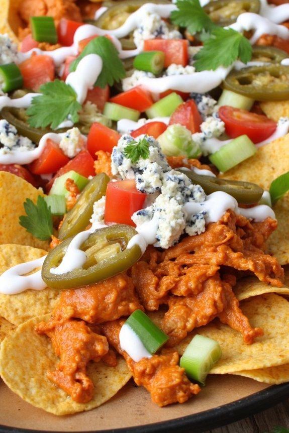 Buffalo chicken dip nachos baked with cream cheese, melted cheddar, jalapeños, guacamole, and tortilla chips
