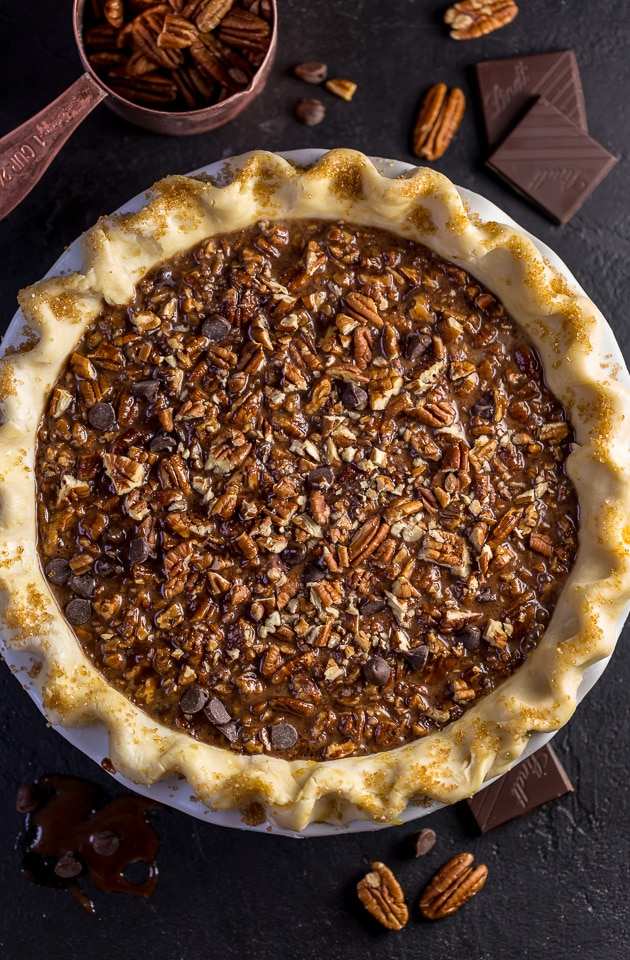 Golden classic pecan pie with warm chai spice aromatic caramel custard