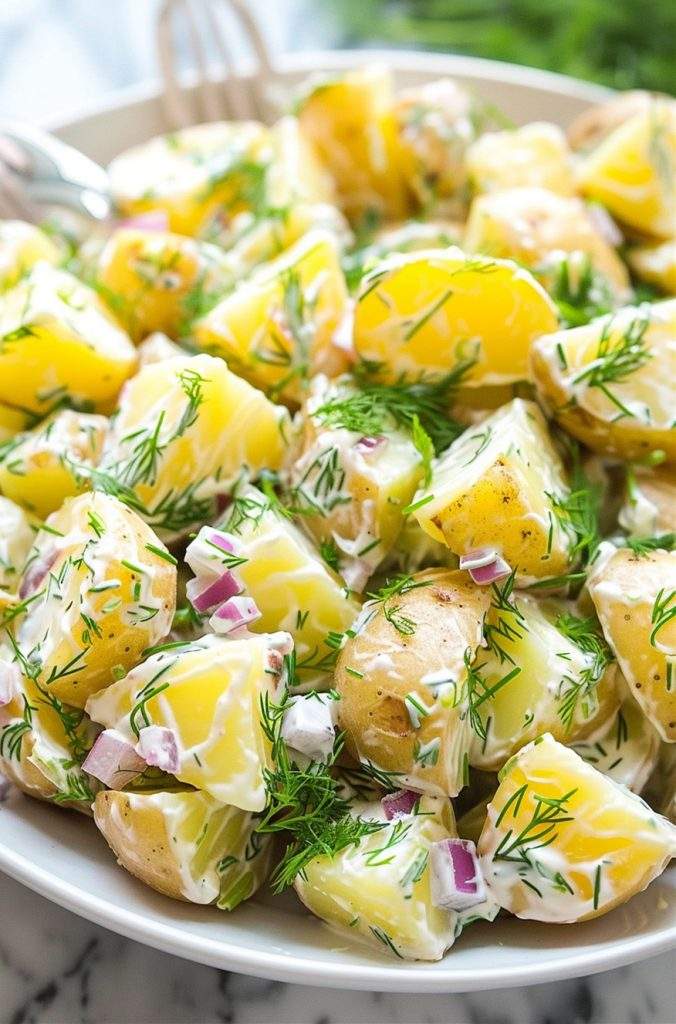 Bright dill potato salad with tender potatoes, creamy herb dressing, crunchy celery, and fresh parsley