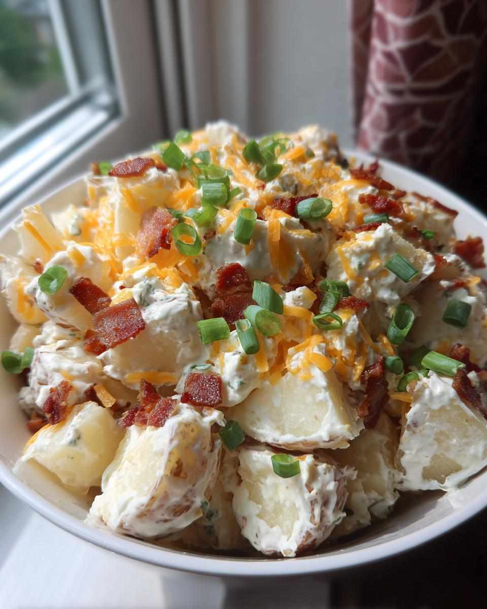 Loaded baked potato salad with creamy dressing, crumbled bacon, cheddar, green onions, and fresh herbs on a bed of tender potatoes