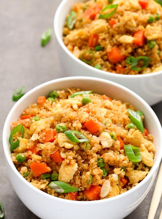 Creamy cashew quinoa fried rice with sautéed veggies and silky sauce