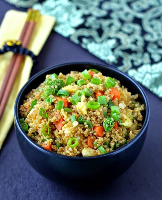 Creamy mushroom quinoa fried rice with silky sauce and sautéed onions.