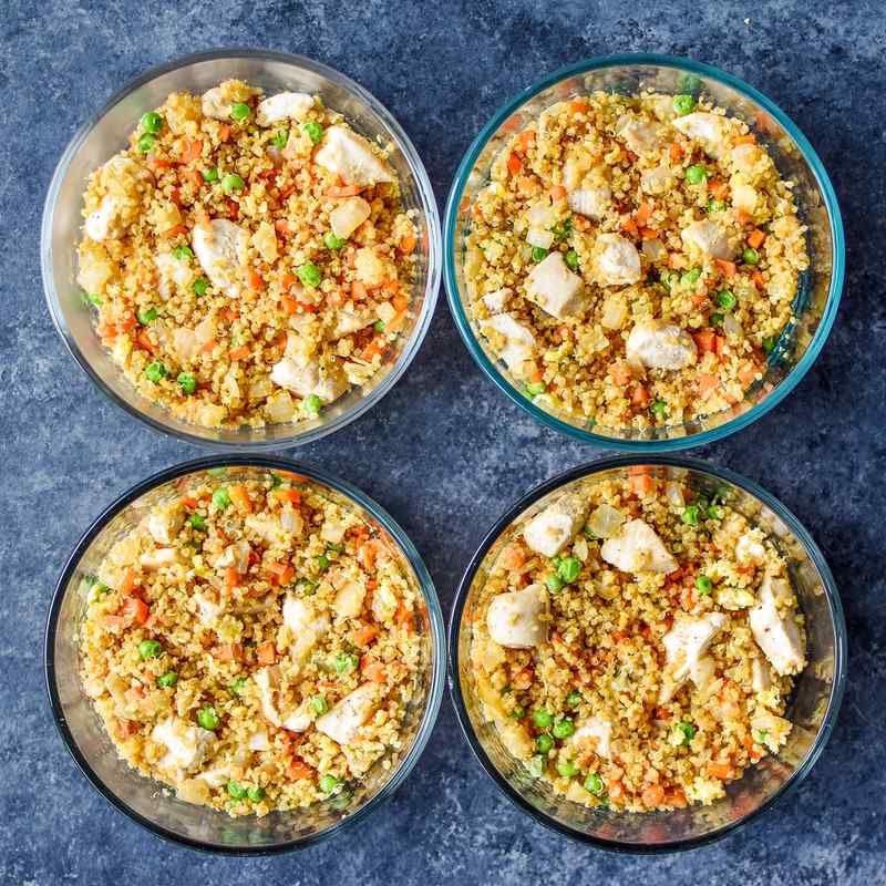 Chicken quinoa fried rice with tender chicken, veggies, and soy glaze.