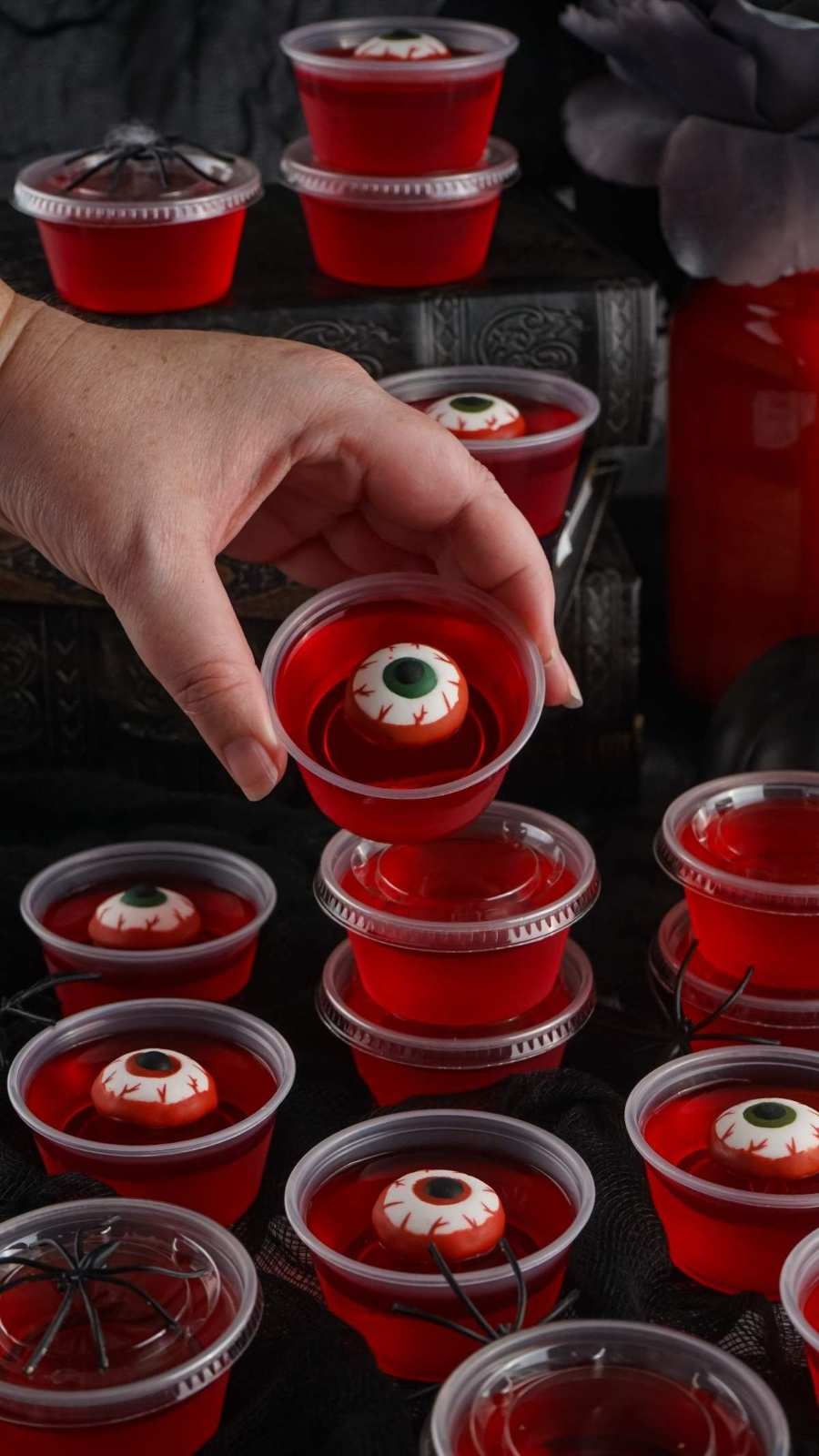 Red jello shots with a white center to look like eyeballs.