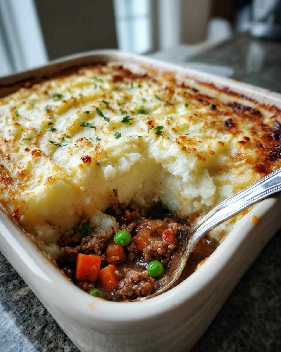 Rustic shepherd's pie, cheddar‑strewn potato topping, savory lamb filling, bubbling cheese, warm casserole dish