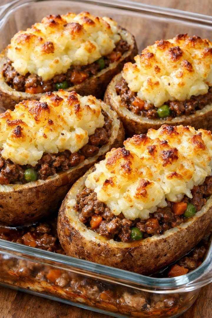 Golden mashed potato‑topped homestyle shepherd’s pie with savory beef filling, bubbling cheese, warm casserole