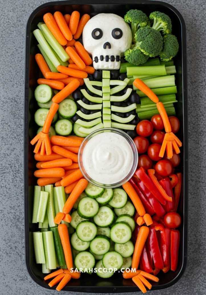 Skeleton Veggie Tray Crudites Dip Halloween Party Snack Ideas