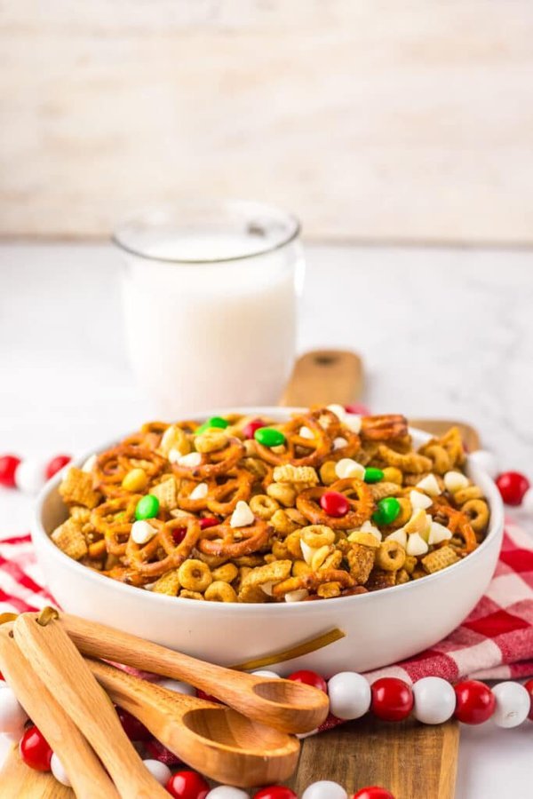 Holiday Chex mix with cranberry‑orange glaze, pretzels, and toasted walnuts