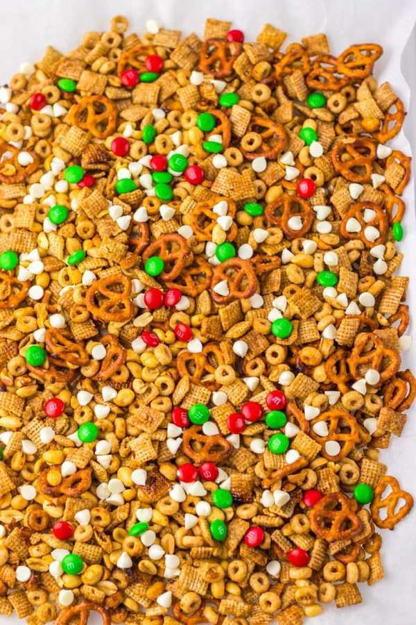 Holiday Chex mix with gingerbread spice, pretzel nuggets, and caramel drizzle