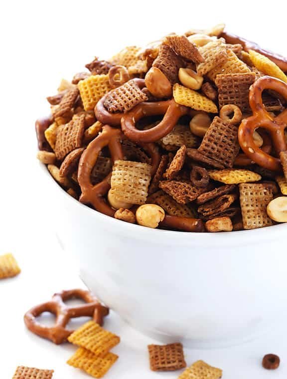Classic Chex party mix with pretzels, peanuts, and buttery seasoning