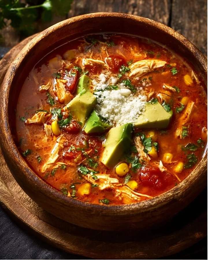 Classic chicken tortilla soup with rich tomato base, shredded chicken, crisp tortilla strips, avocado, lime
