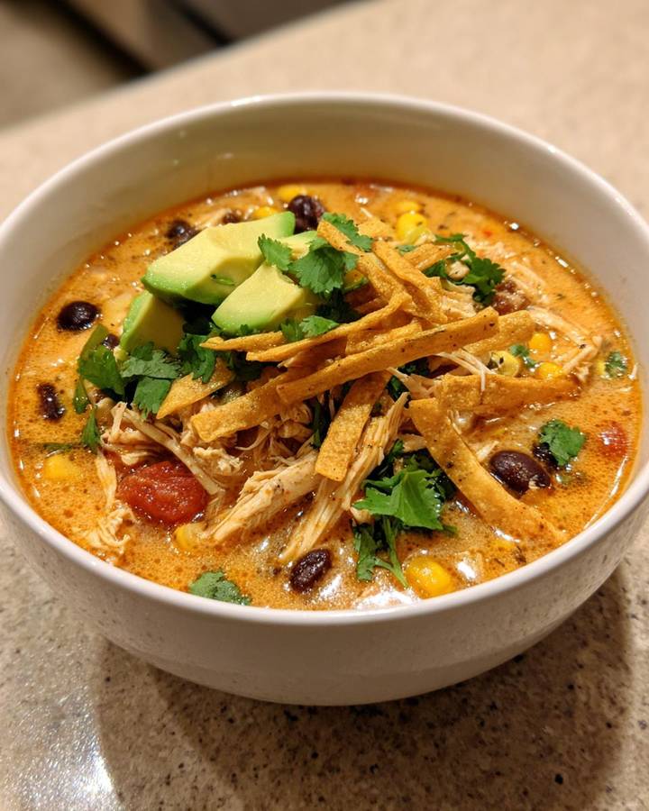 Creamy chicken tortilla soup with rich tomato broth, shredded chicken, crispy tortilla strips, avocado, and lime