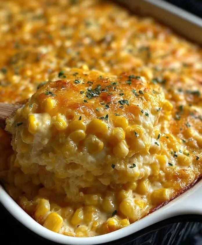 Classic slow cooker creamed corn with sweet kernels and creamy cheddar sauce, a savory side dish.