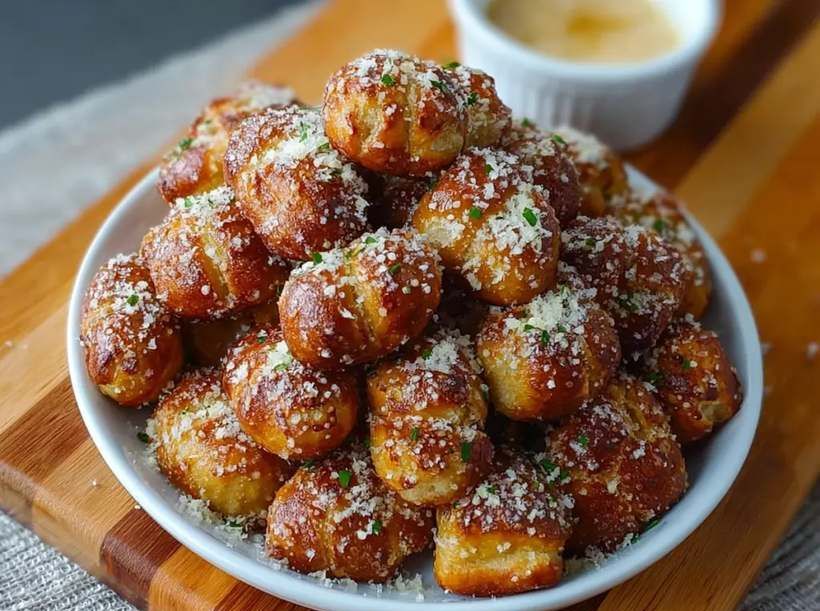 Golden garlic parmesan pretzel bites sprinkled with fresh parsley, served with marinara dip