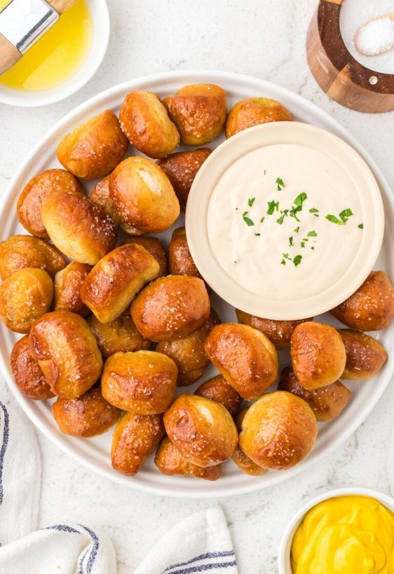 Chewy pizza‑dough pretzel bites topped with melted mozzarella and oregano, golden and savory