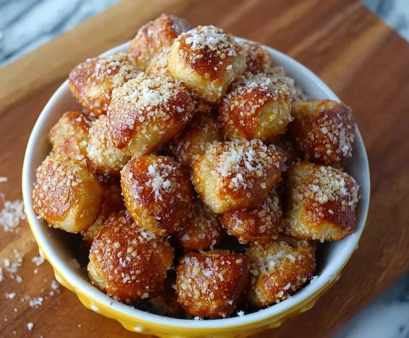 Golden-brown garlic parmesan pretzel bites with coarse sea salt and creamy dip
