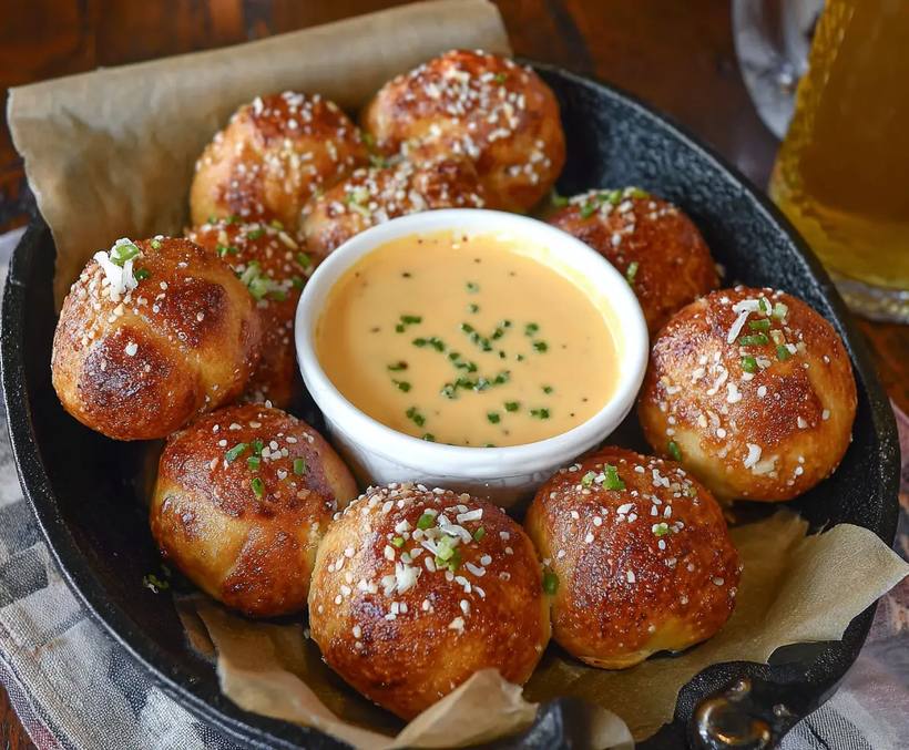 Golden pretzel bites served with a velvety beer cheese dip, speckled with chives