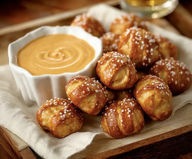 Golden pretzel bites accompanied by a creamy garlic beer cheese dip, speckled with garlic bits