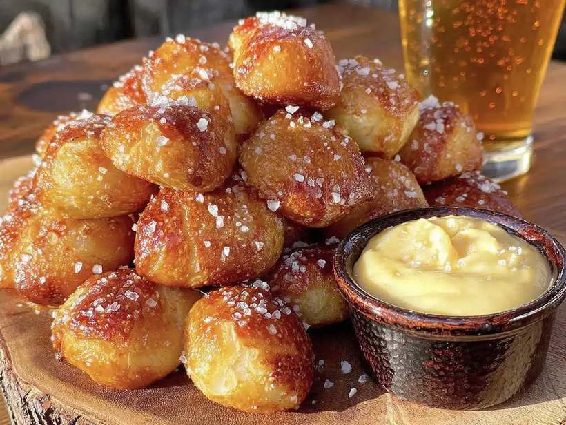 Soft pretzel bites with a bright tangy beer‑lime cheese dip, green specks of lime zest