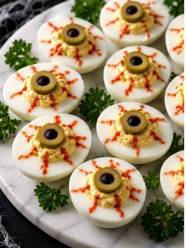Halved deviled eggs topped with paprika “blood” veins and olive “eyes” on a dark platter.