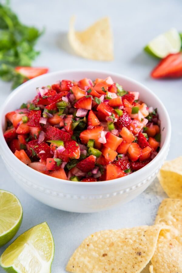 Vibrant strawberry salsa with lime zest, cilantro, jalapeño heat, and juicy berries