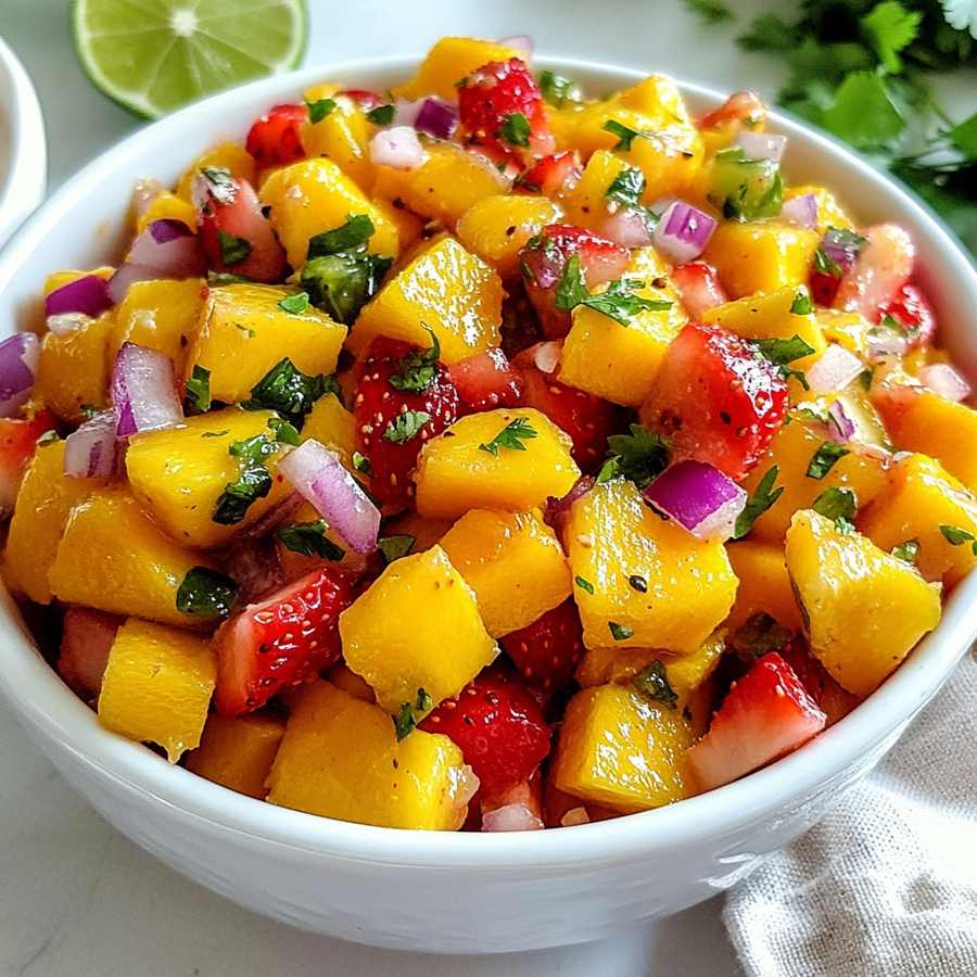 Vibrant strawberry and mango salsa with lime juice, jalapeño, cilantro, and a hint of chili