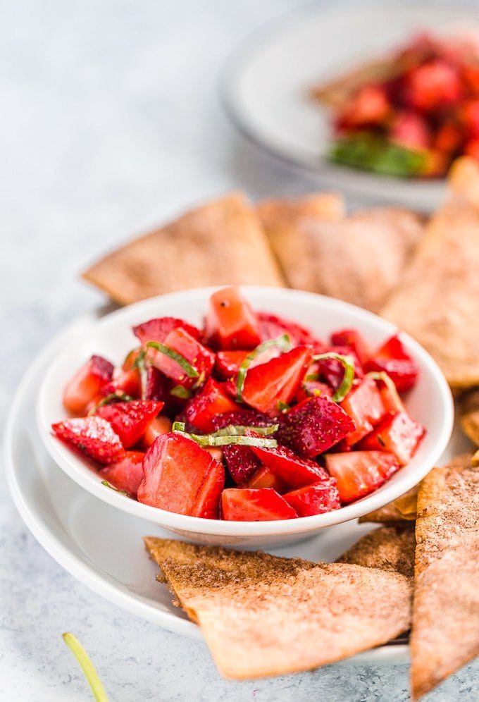 Strawberry basil salsa with juicy strawberries, fresh basil, lime juice, and a hint of pepper