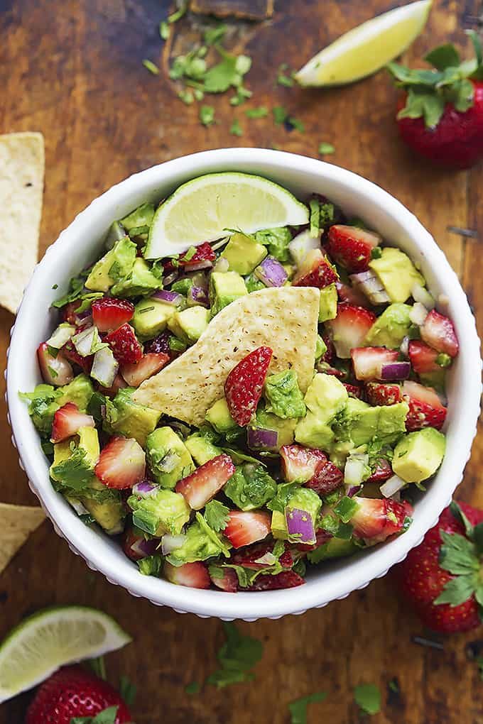 Strawberry avocado salsa with ripe avocado, sweet strawberries, lime juice, and fresh mint