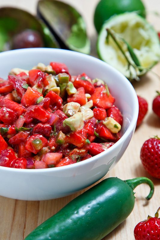 Strawberry avocado salsa with diced avocado, strawberries, lime, and a hint of garlic