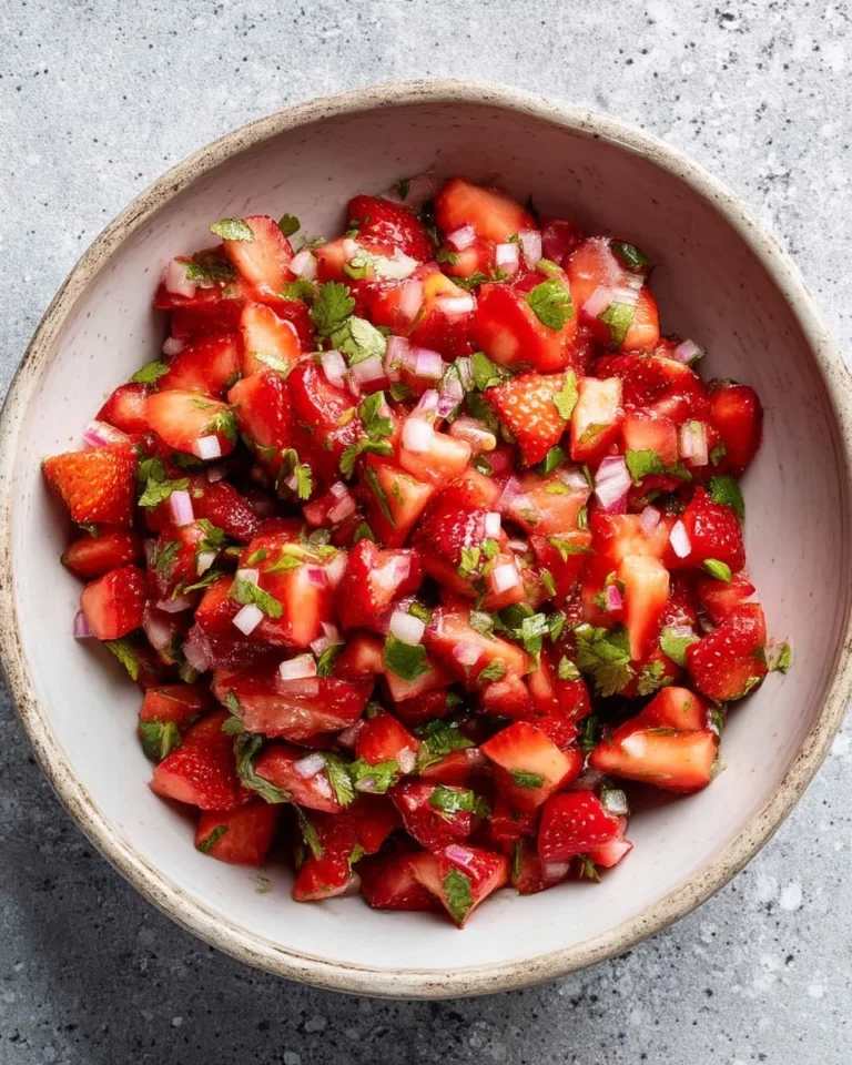 Classic fresh strawberry salsa with strawberries, lime, cilantro, and diced red onion
