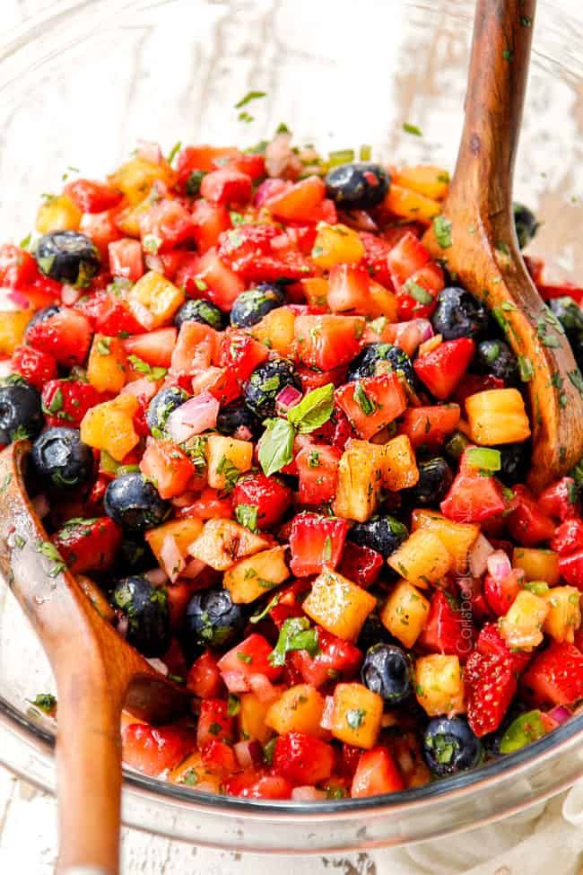 Classic fresh strawberry salsa with strawberries, lime, cilantro, and diced mango