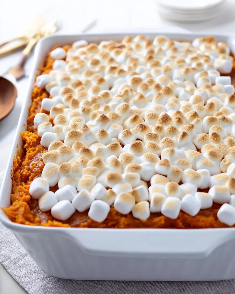 Rich bourbon infused classic sweet potato casserole with dark brown sugar glaze bubbling hot