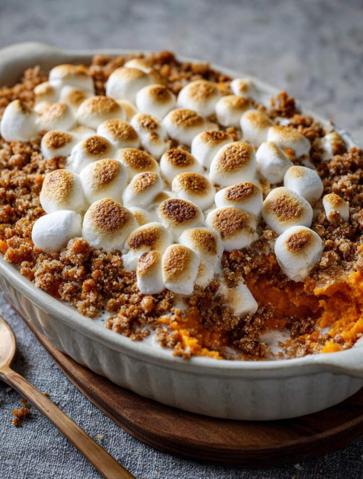 Golden baked classic sweet potato casserole with sweet honey butter glaze and cinnamon