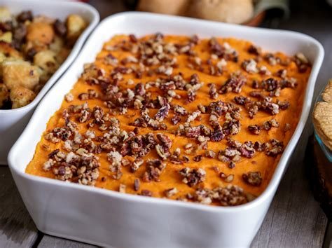 Smooth classic sweet potato casserole enriched with reduced apple cider and warm cinnamon