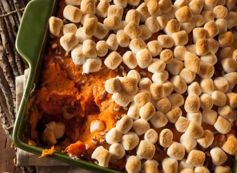 Savory-sweet classic sweet potato casserole drizzled with nutty brown butter and fragrant sage