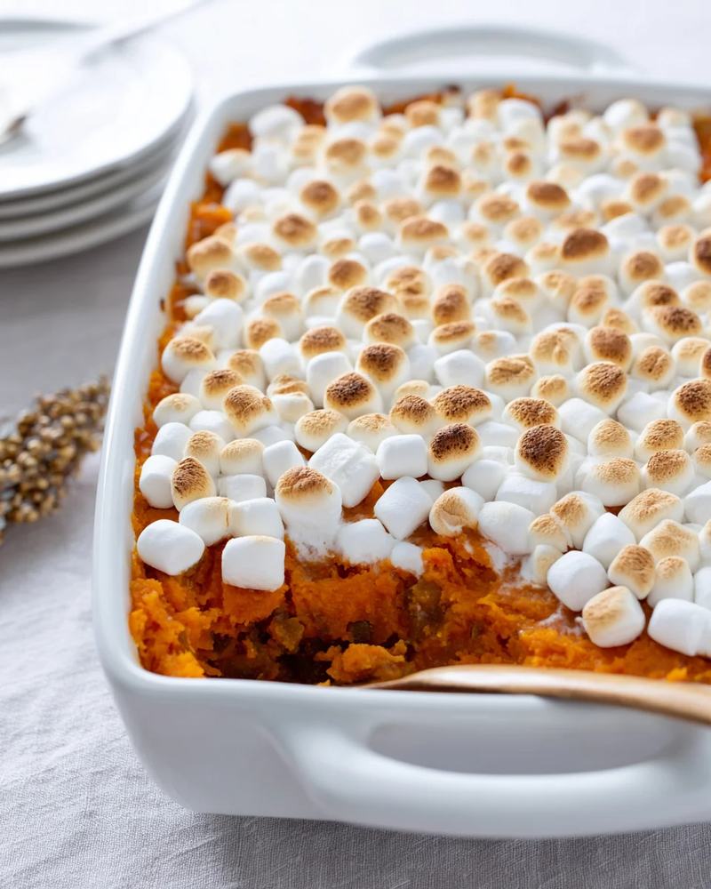 Bubbling classic sweet potato casserole topped with brown butter, cinnamon, and toasted pecan streusel.
