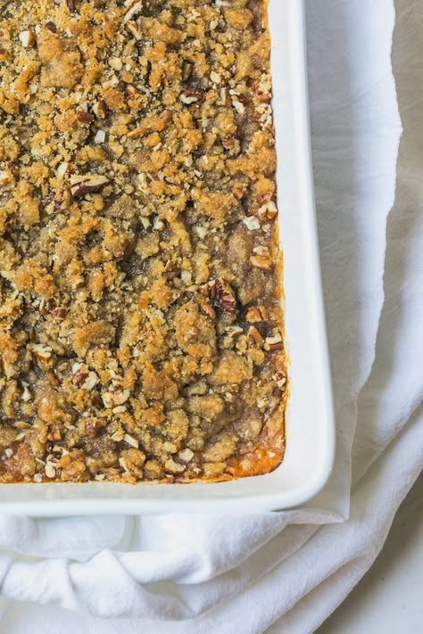 Light classic sweet potato souffle casserole with brown sugar, toasted marshmallows, and sweet cinnamon.