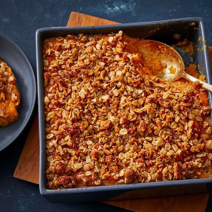 Aromatic classic sweet potato casserole infused with cardamom, honey, cinnamon, and toasted pecan streusel.