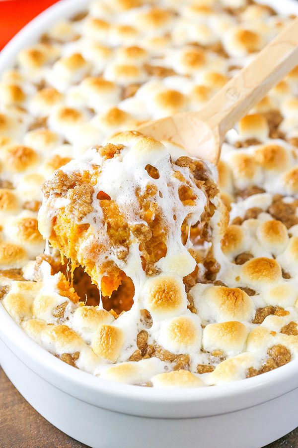 Creamy classic sweet potato casserole swirled with cream cheese, brown sugar, cinnamon, and toasted pecans.